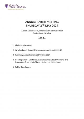 Annual Parish Meeting Thursday 2nd May 7pm Whalley Old Grammar School