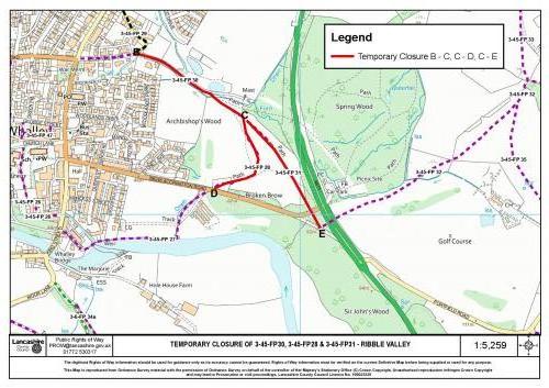 TEMPORARY CLOSURE OF PUBLIC FOOTPATHS 3-45-FP30, FP28 & FP31 WHALLEY, RIBBLE VALLEY