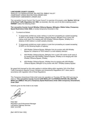 Amendment  Formal Notification - Temporary Speed Reduction - Whalley Clitheroe Bypass Billington