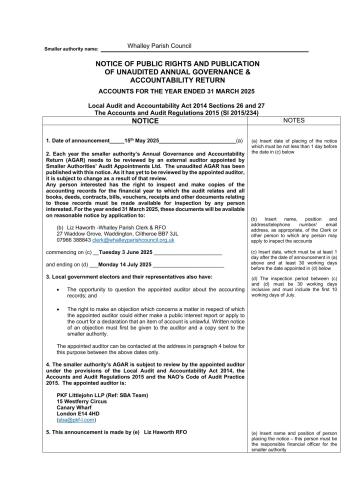 Notice Of Public Rights And Publication Of Unaudited Annual Governance & Accountability Return Year Ended 31/3/2025