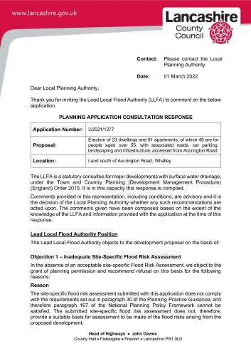 Lead Local Flood Authority Consultation Response - Land off Accrington Road Development Planning Application 